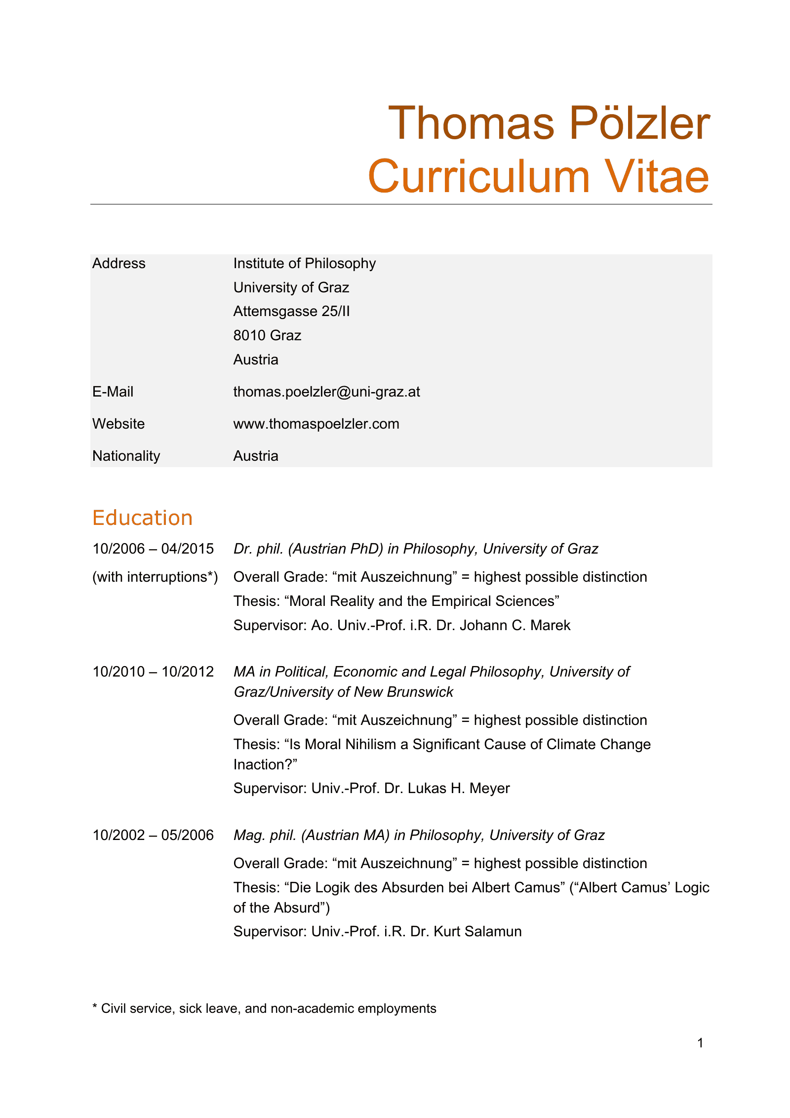 Curriculum vitae of Thomas Pölzler, page 1 of 25
